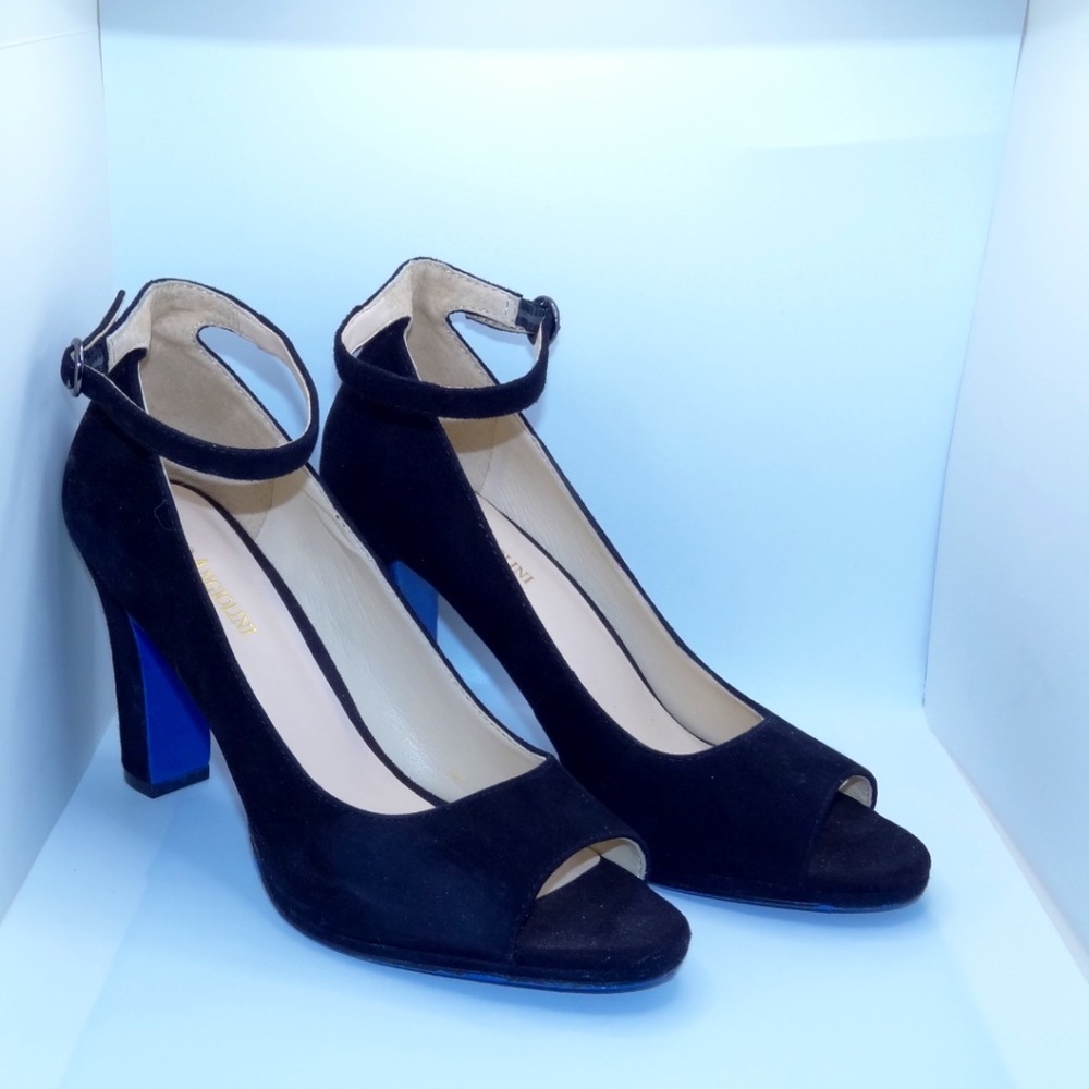 Enzo Angiolini Black Custom (Blue Bottom) Heels Granton 7.5 with Ankle Strap